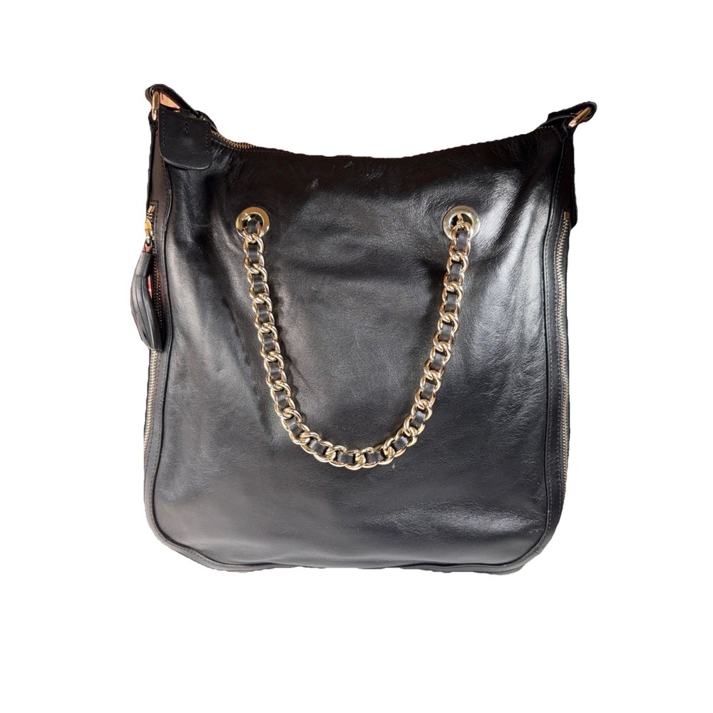 Gili Large Black Leather Bag Double Zipper Tassel Chain  Shoulder  Purse